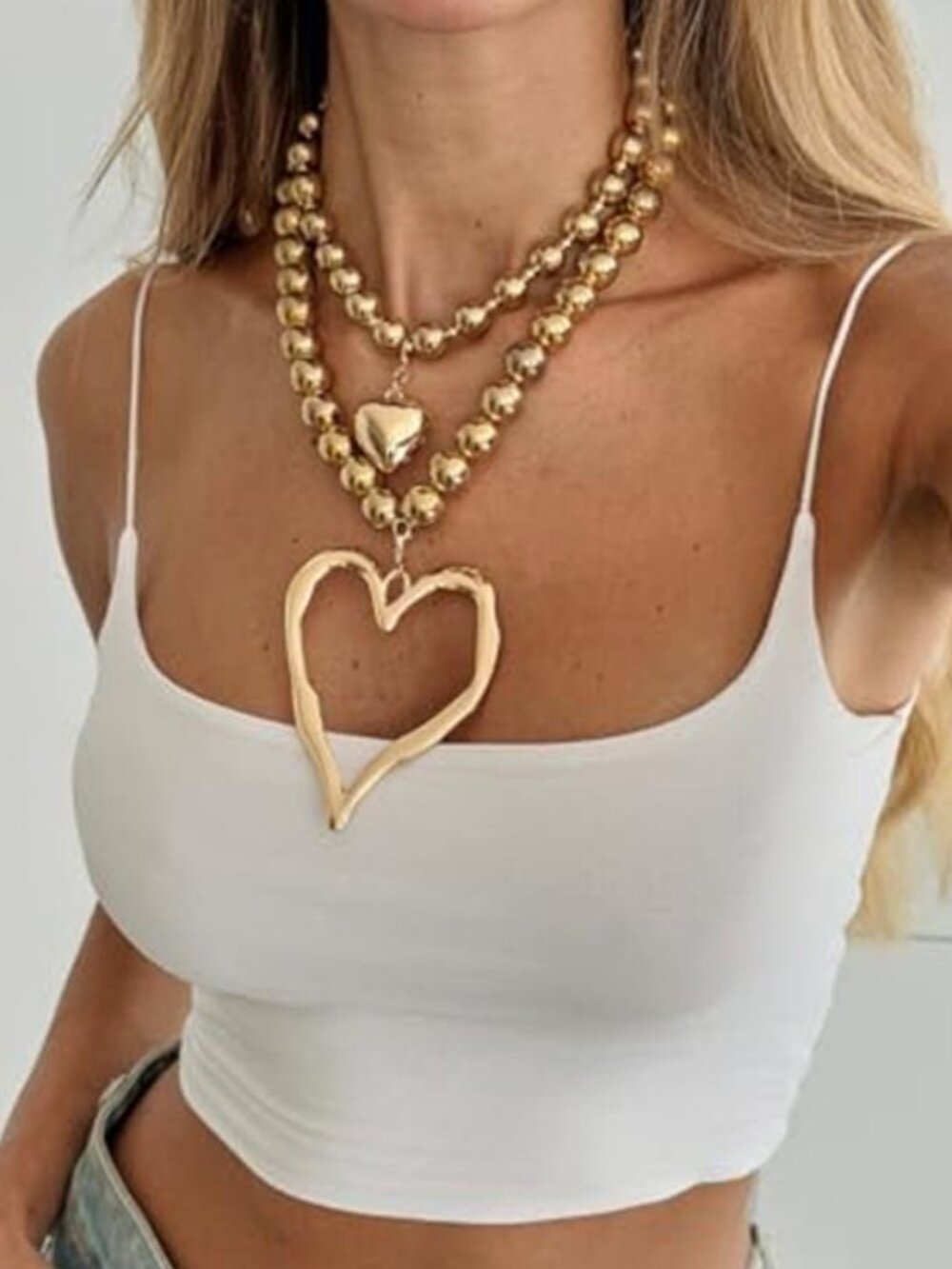 Y2K Chunky Heart Necklace Large Pearl Beaded Choker Statement Pendant